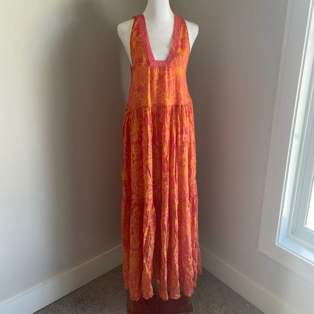 NWT Size S Free People Tiers For You printed maxi dress in orange